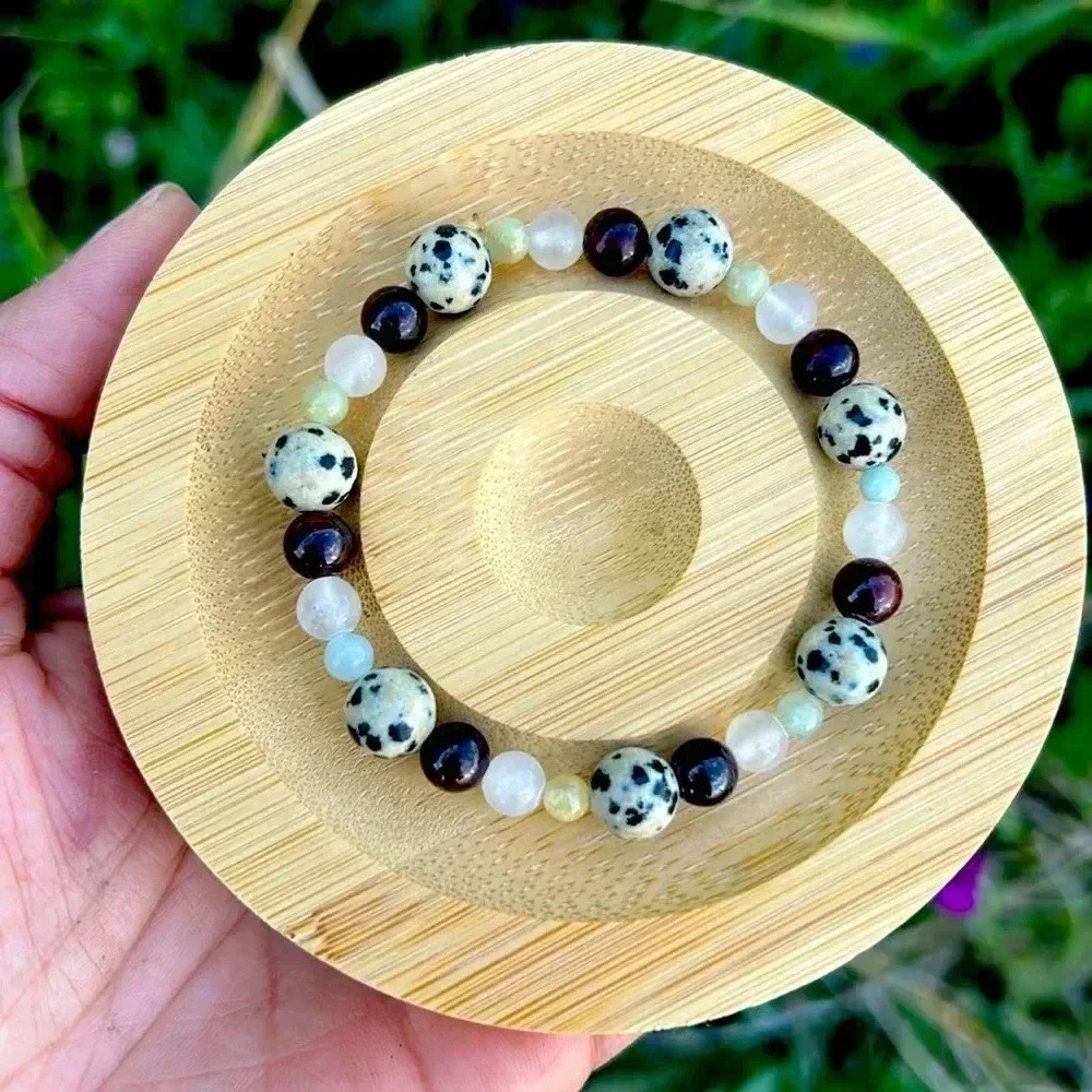 Handmade Dalmatian Jasper + Garnet + Rose Quartz + Morganite bracelet